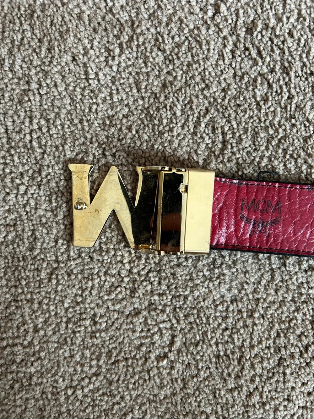 MCM Men's Black Leather Belt with Gold M Logo Buckle